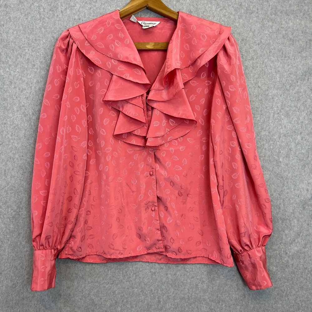 Alexandria Blouse Coral Pink Ruffle Jabot Neck Leaf Jacquard Vintage 80s Size 8